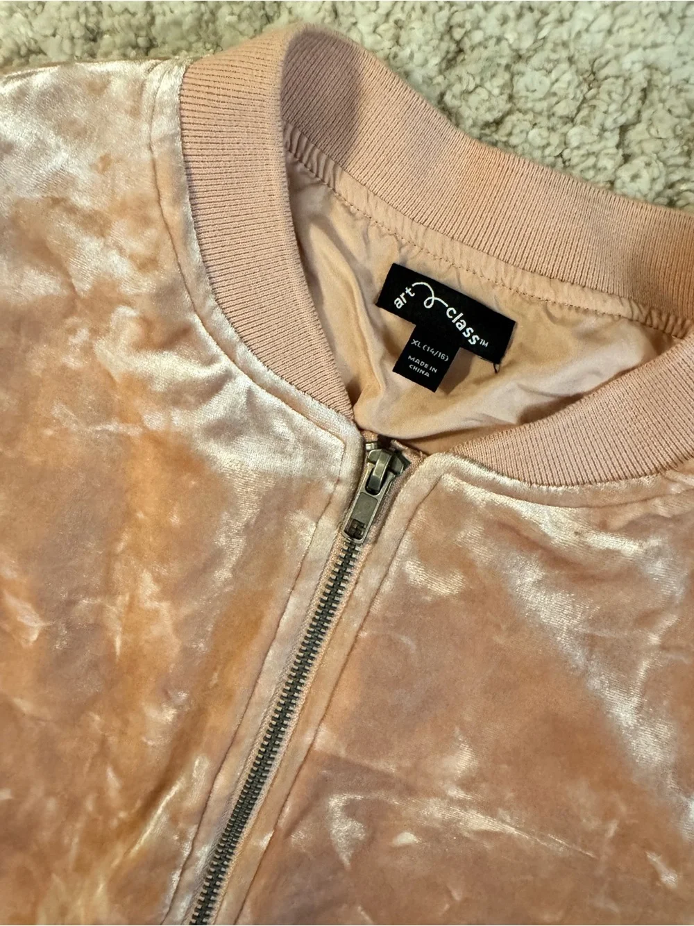 Art Class girls pink crushed velvet bomber jacket. Size XL.